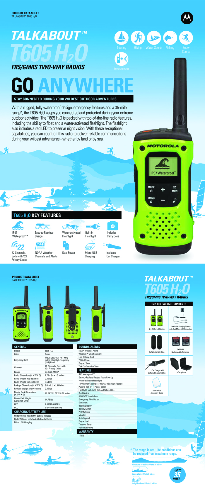 Motorola Talkabout T600 Rechargeable Waterproof 2Way Radio, Green (2